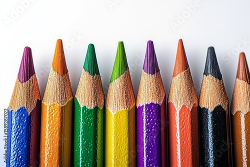 Colorful Pencils Arranged in a Row on a Plain Background for Creative Project...