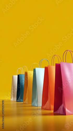 Colorful Shopping Bags Lined up Against a Vibrant Yellow Wall in a Bright Ind...