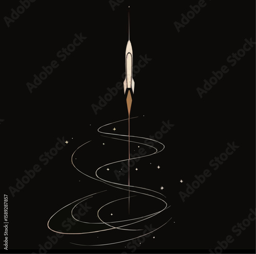 Stylish rocket launching into space with swirling trajectory on a dark background with copy space