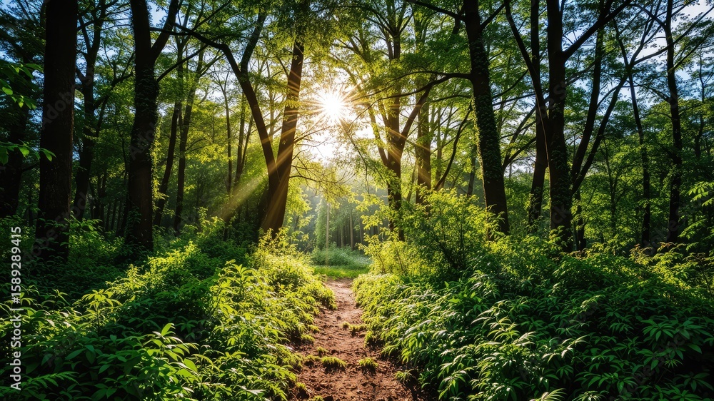 Fototapeta premium Sunlight Filtering Through Lush Green Trees, Scenic Pathway