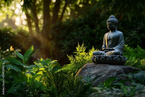 Serene Buddha Statue Surrounded by Lush Greenery in Tranquil Garden Setting a...