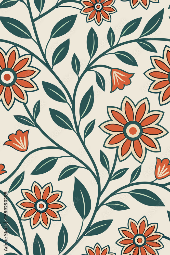 Fototapeta premium Orange floral vines with green leaves pattern seamless