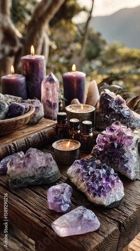Purple Crystals and Candles Arranged Beautifully on a Wooden Table in a Seren...
