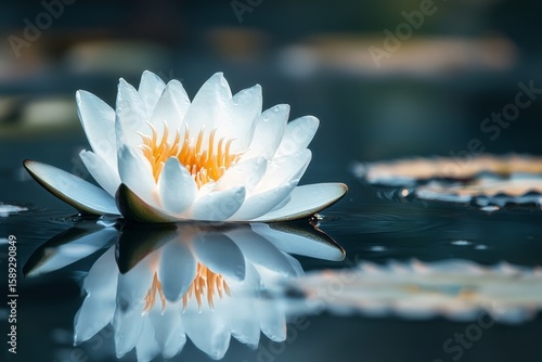 White Lotus Flower Blooming on Calm Water Surface Surrounded by Lily Pads