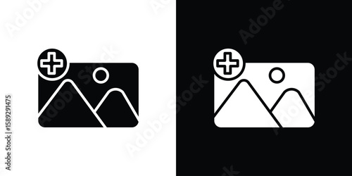 Add photos icon. Black and white silhouette. Icon vector