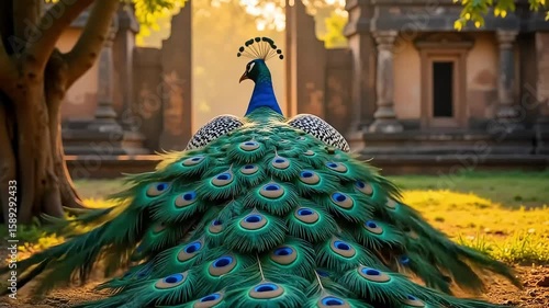 Colorful peacock standing on green grass in garden


