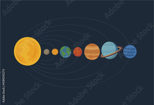 Flat Style Illustration of Planets Orbiting in the Solar System