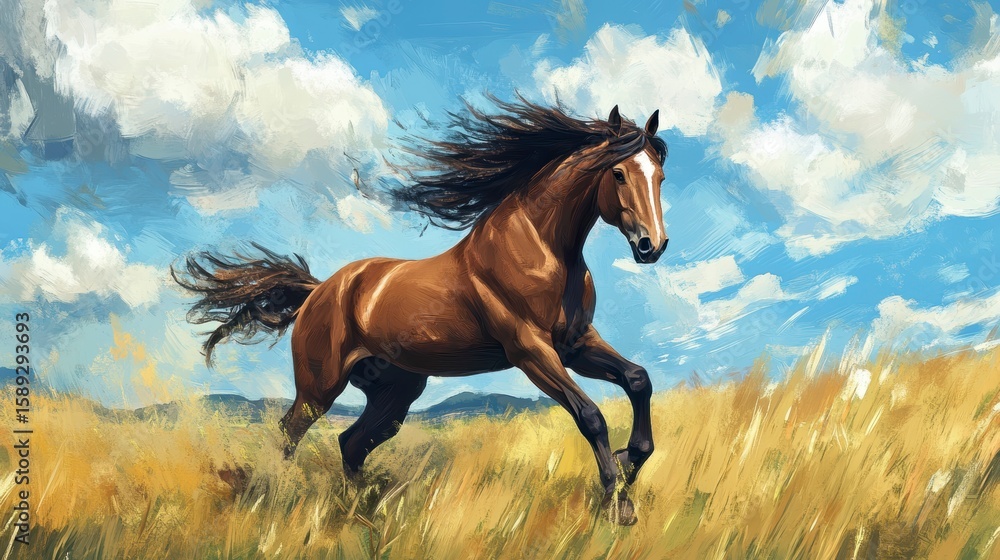 Obraz premium A brown horse with flowing mane and tail runs freely across a golden field under a bright blue sky.