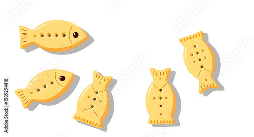 fish shaped, cat biscuits, illustration, pet treats, cartoon style, cute, snack, animal treats, kitty food, fish cookie, crunchy treats, vector, drawing, doodle, playful, pet snack, feline treat, fish