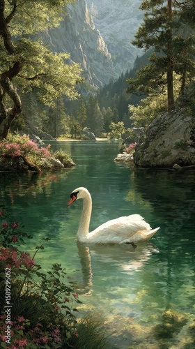 Majestic Swan Gliding on Tranquil Lake Surrounded by Mountain Scenery in the ...