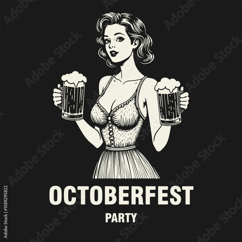 Black and white flat vector illustration of a smiling girl in a dirndl with deep neckline holding two beer mugs. Oktoberfest or International Beer Day themed design.
