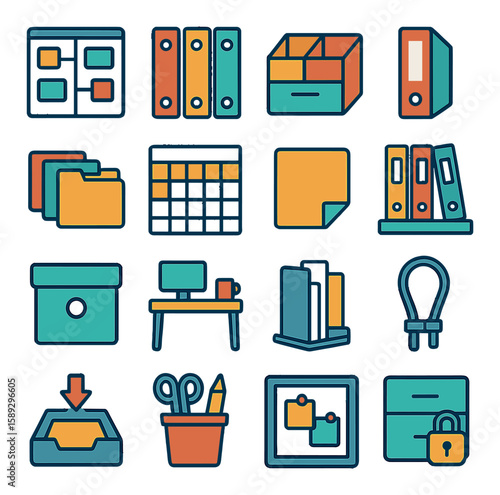 Office supply icon collection. modern office essentials with simple line design. folders, desk, calendar, lock, scissors