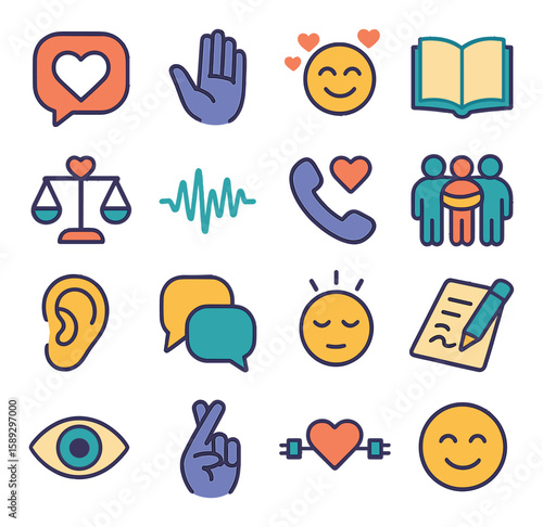 Compassionate icon collection: simple flat emotions, hand, heart, book, scale symbols