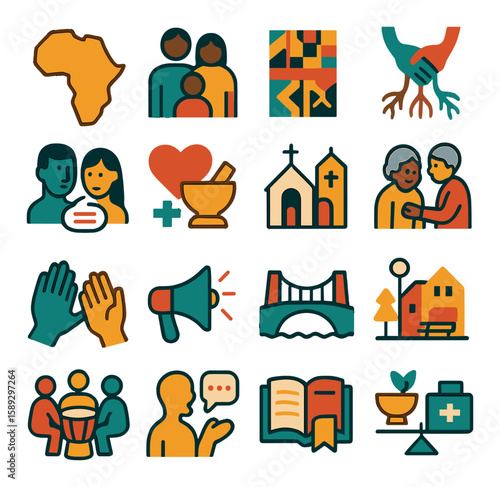 Cultural health icon collection. simple wellbeing, family, and community symbols. linear