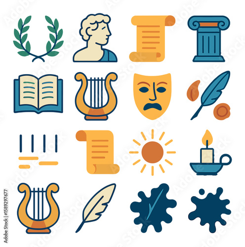Modern poetry icon collection. simple literature, candle, quill, scroll, lyre, sun