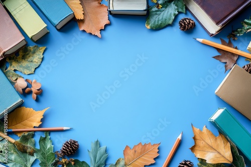 Colorful Arrangement of Books and Leaves on a Blue Surface During Daytime