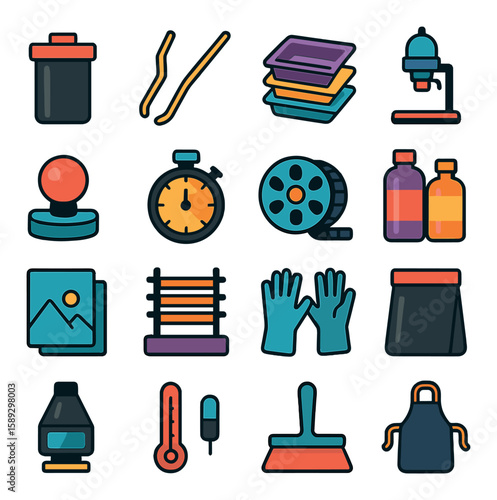 Darkroom tools icon collection. simple processing equipment, film, timer, gloves, bottles, apron