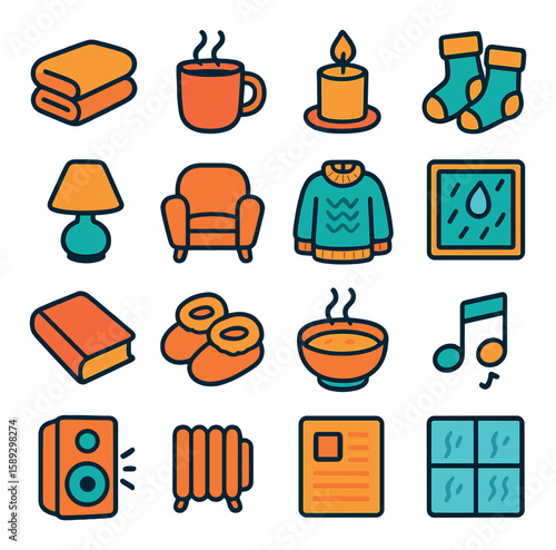 Cozy comforts icon collection. home comforts flat icons: blanket, mug, candle, socks, music, book