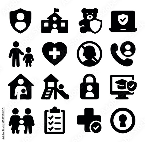 Child safety icon collection: school, playground, family, health, security, silhouette