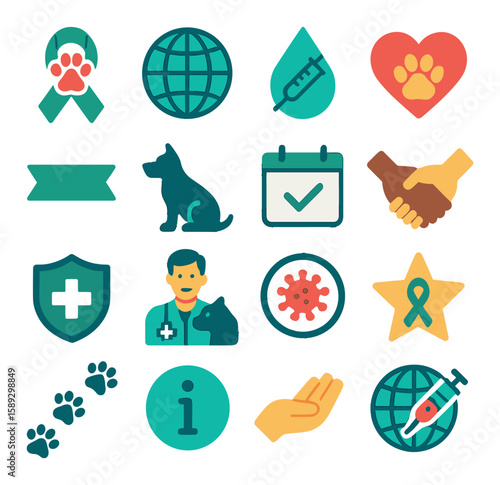 World rabies day icon collection. awareness, prevention, cure, pet care, vaccination flat