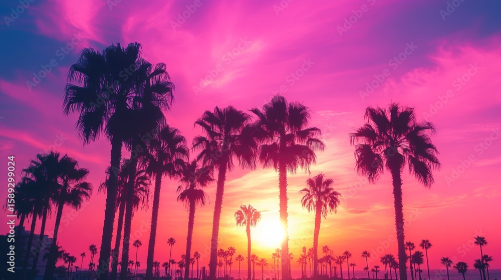 Obraz premium Vibrant sunset silhouettes of palm trees on a beach.