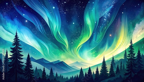 Vibrant Aurora Borealis Displaying Over Silhouetted Forest And Mountains At Night