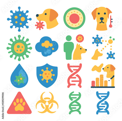 Dog virus icon collection: simple flat style. virus, dna, vaccine, paw, biohazard