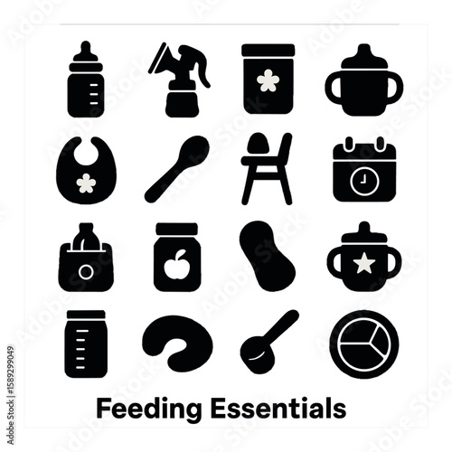 Feeding essentials icon collection. baby feeding silhouette icons. bottle, bib, pacifier, sippy cup