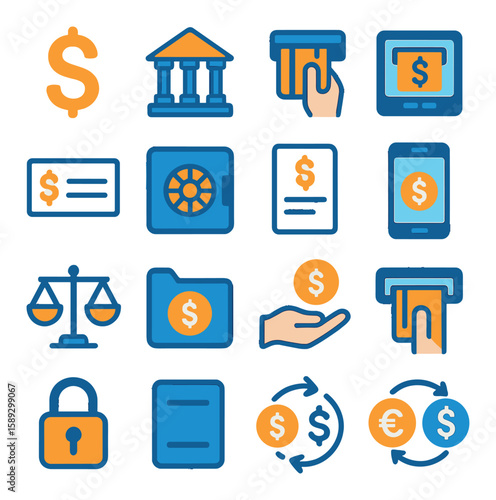 Modern banking icon collection. finance and currency flat icons: bank, atm, digital payment, lock, exchange, balance