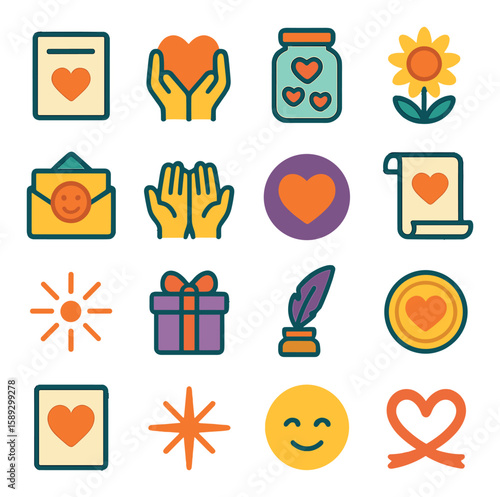 Gratitude icon collection. happiness, heart, hands, jar, flower, gift, smile flat