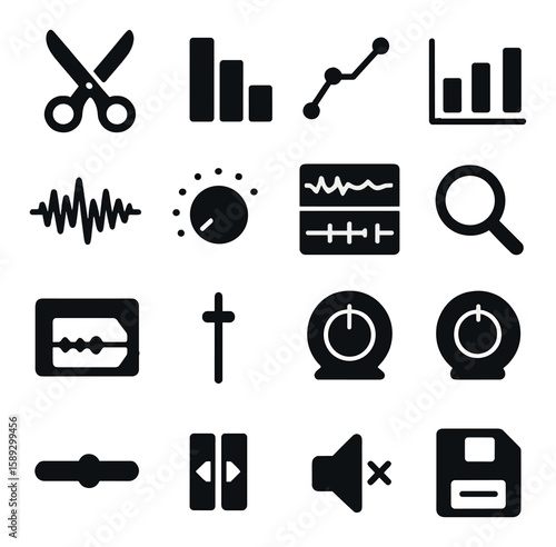 Podcast editing icon collection. simple silhouette mic, scissors, waveform, disk, slider