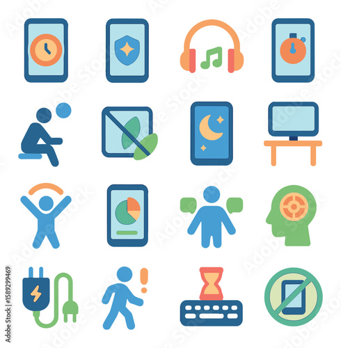 Healthy tech habit icon collection. simple digital wellbeing, meditation, fitness, screen, break