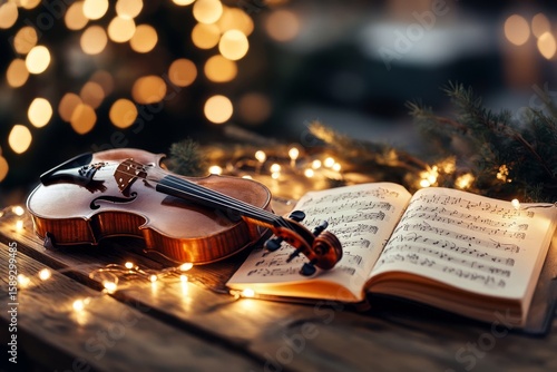 Violin Resting on Sheet Music Surrounded by Warm Twinkling Lights in a Cozy A...