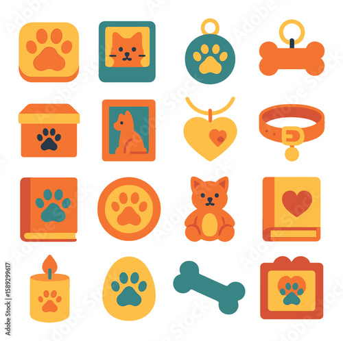 Animal keepsake icon collection. pet remembrance flat icons. paw, collar, bone, heart, candle