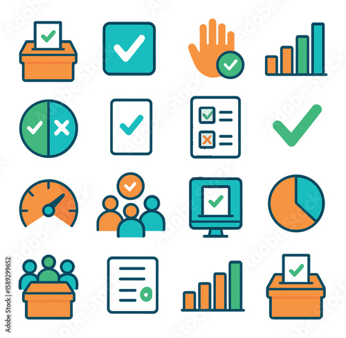 Modern voting icon collection. simple ballot, checkmark, graph, and poll, silhouette
