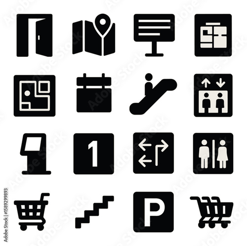 Store layout icon collection. shopping and navigation silhouette icons: map, cart, elevator, parking