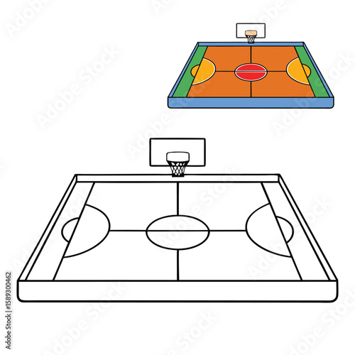 A basketball court with clear markings, hoops at each end, and a smooth wooden floor, ready for fast-paced games and exciting slam dunks.
