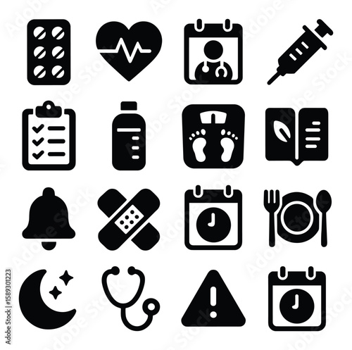 Health icon collection. simple wellness, medicine, heartbeat, stethoscope, diet, moon, doctor, alert symbols