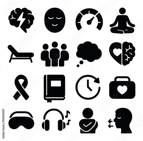 Mental health icon collection. simple mental wellness, therapy, meditation, mindfulness silhouette