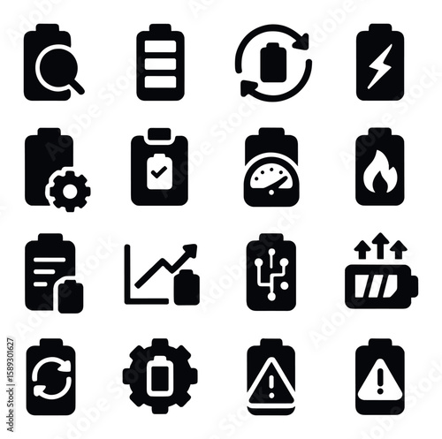 Battery health icon collection. simple silhouette icons. charge, full, empty, usage, efficiency