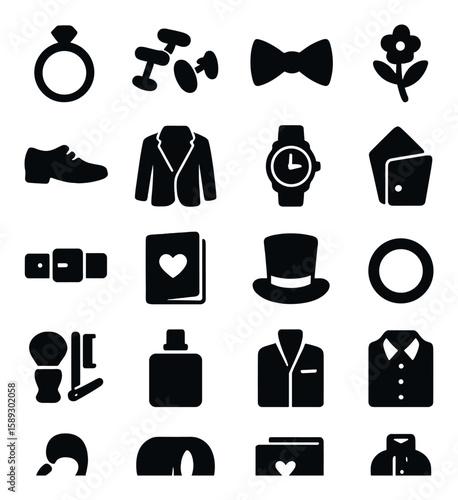 Groom essentials icon collection. silhouette wedding essentials: ring, bowtie, gift, watch, flower