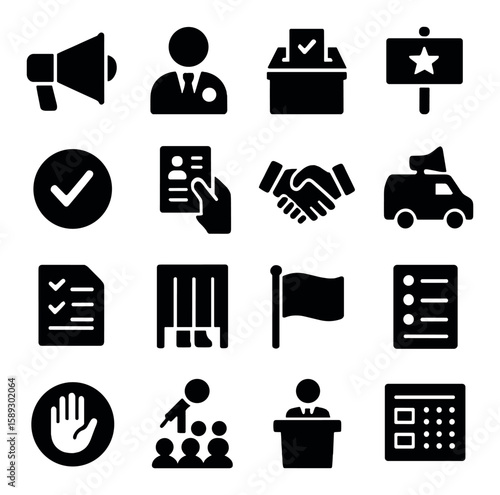Political icon collection: vote, candidate, ballot, speech, election silhouette