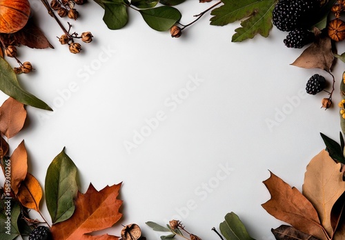 Autumn Leaves and Fruits Arranged on a White Background for Seasonal Decorati...