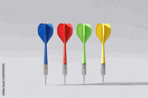 Red and blue darts, isolated on a white background, hitting a target to illustrate sport accuracy and the concept of success