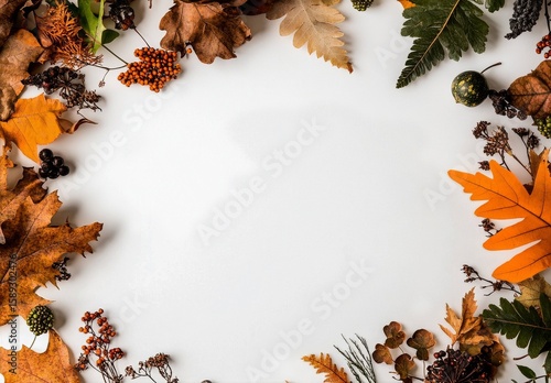 Decorative Autumn Leaves and Berries Arranged on a White Surface in a Seasona...
