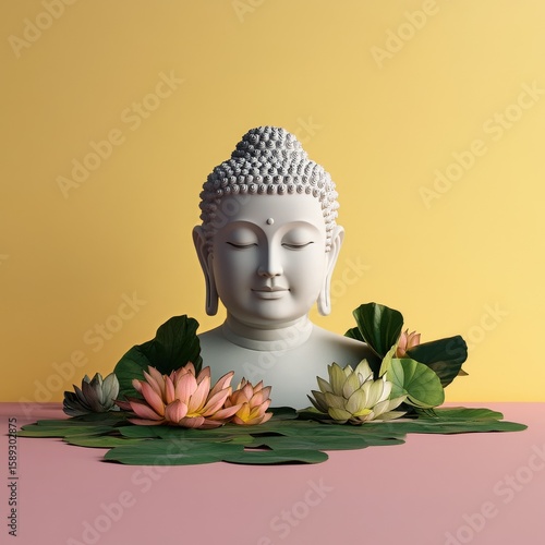 Buddha Statue Surrounded by Lotus Flowers and Green Leaves in a Tranquil Setting