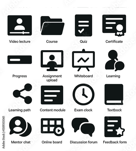 Learning tools icon collection. education silhouette icons: video, quiz, certificate, textbook,