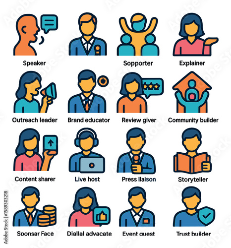 Ambassador role icon collection. simple communication, support, network, trust, advocate, storyteller