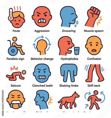 Rabies symptoms icon collection. simple health silhouette fever, aggression, paralysis, seizure