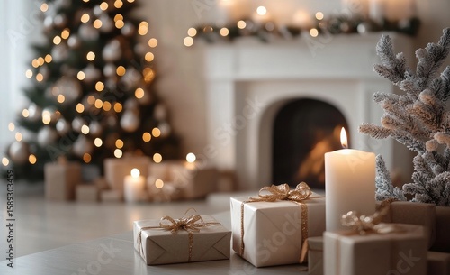 Cozy Holiday Setting With Gifts, Candles, and a Decorated Christmas Tree Indo...